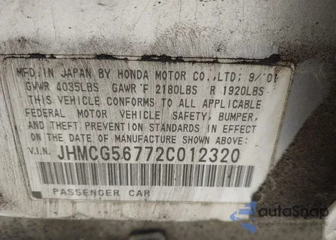 2002 Honda Accord 2.3 Se z USA, uszkodzony, nr VIN JHMCG56772C012320